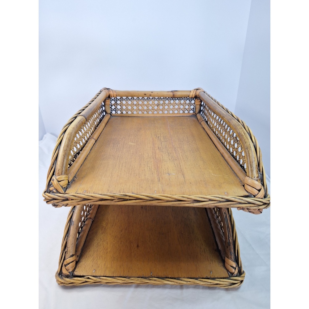 Vintage Bamboo Rattan 2 Tier Desk Organizer Cane Woven Letter Tray Boho Decor